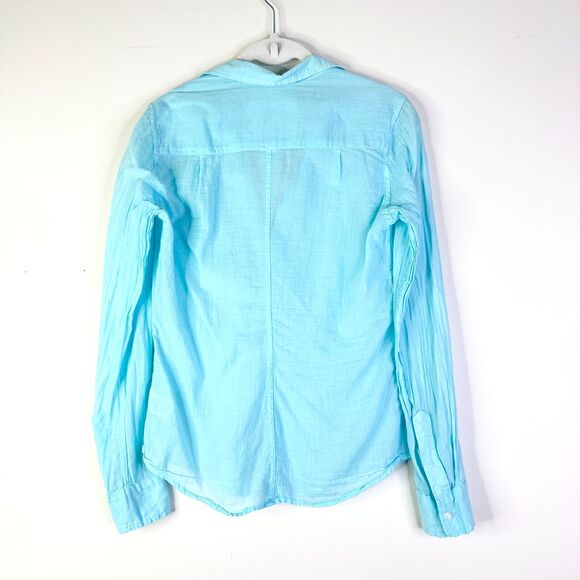 Frank & Eileen Shirt Women XS Blue Barry 100% Cotton Button Down Ruched Placket - Picture 2 of 7